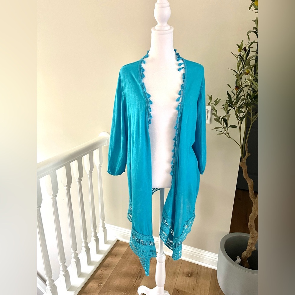 Chico's Turquoise Blue linen/cotton cardigan Top with fringe and lace trim